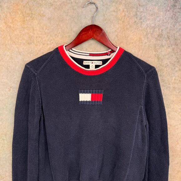 VTG 90s Tommy Hilfiger Flag Knit Sweater Womans Sz M Navy Blue Japan - Picture 2 of 6